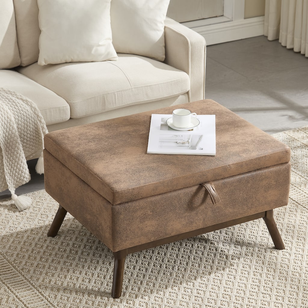 Mid-century modern square coffee table storage bench, assembled, suitable for living room, entryway and family room