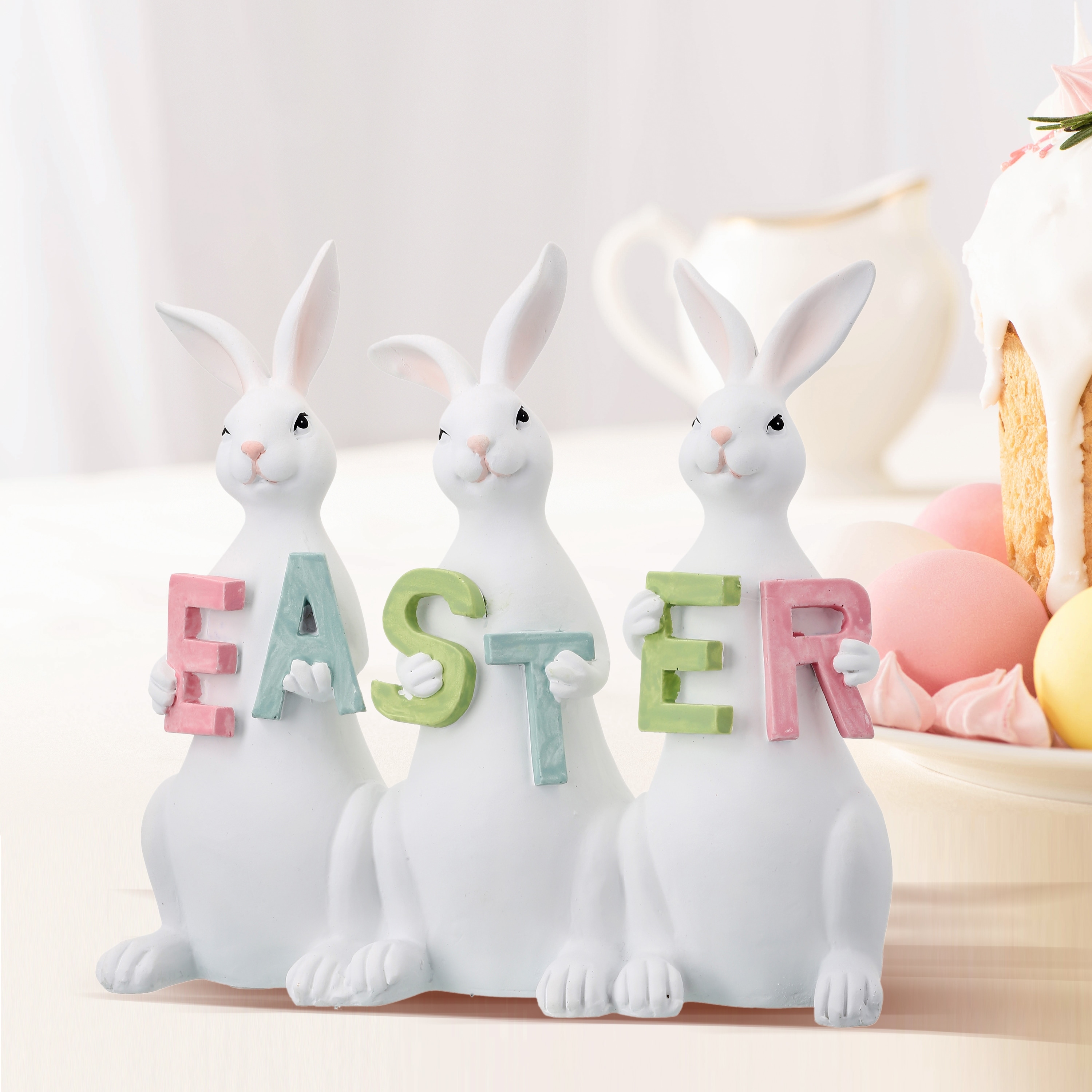 New Mini White & PINK Bunny Easter Decor Desk Table Tier Tray Resin Rabbit 