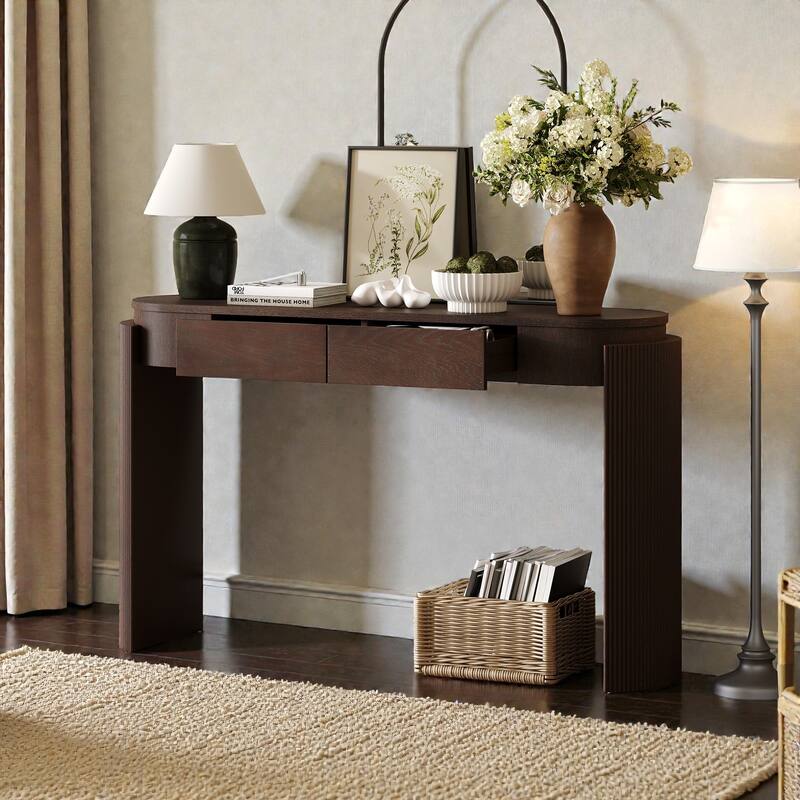 Oval Entryway Console Table with Natural Wood Grain, Fluted Leg Design and 2 Storage Drawers for Living Room or Hallway
