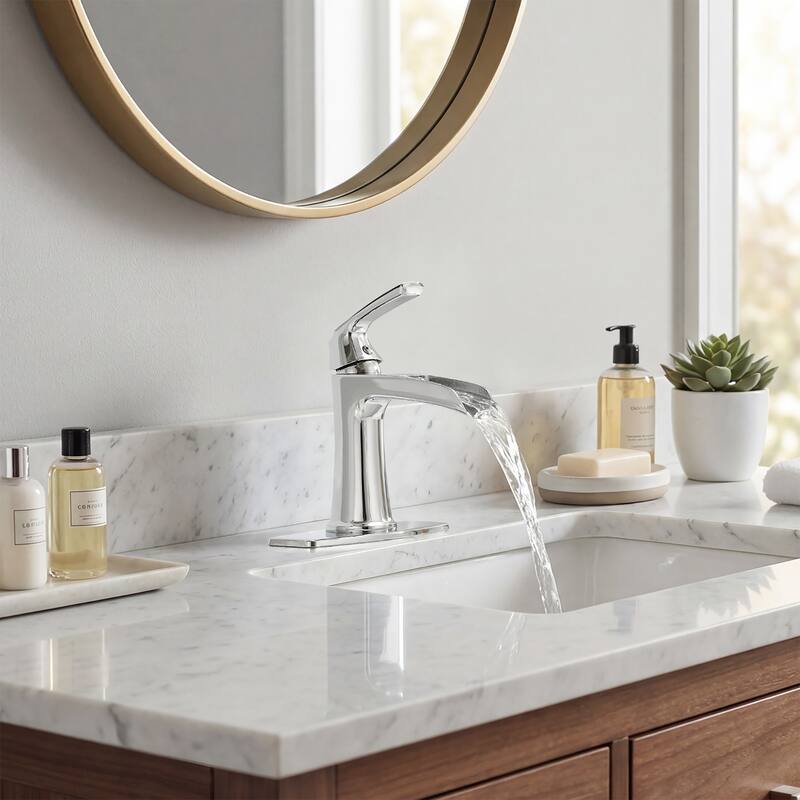Single hole 1-handle Waterfall Handle Bathroom Sink Faucet with Drain with Deck Plate - Chrome