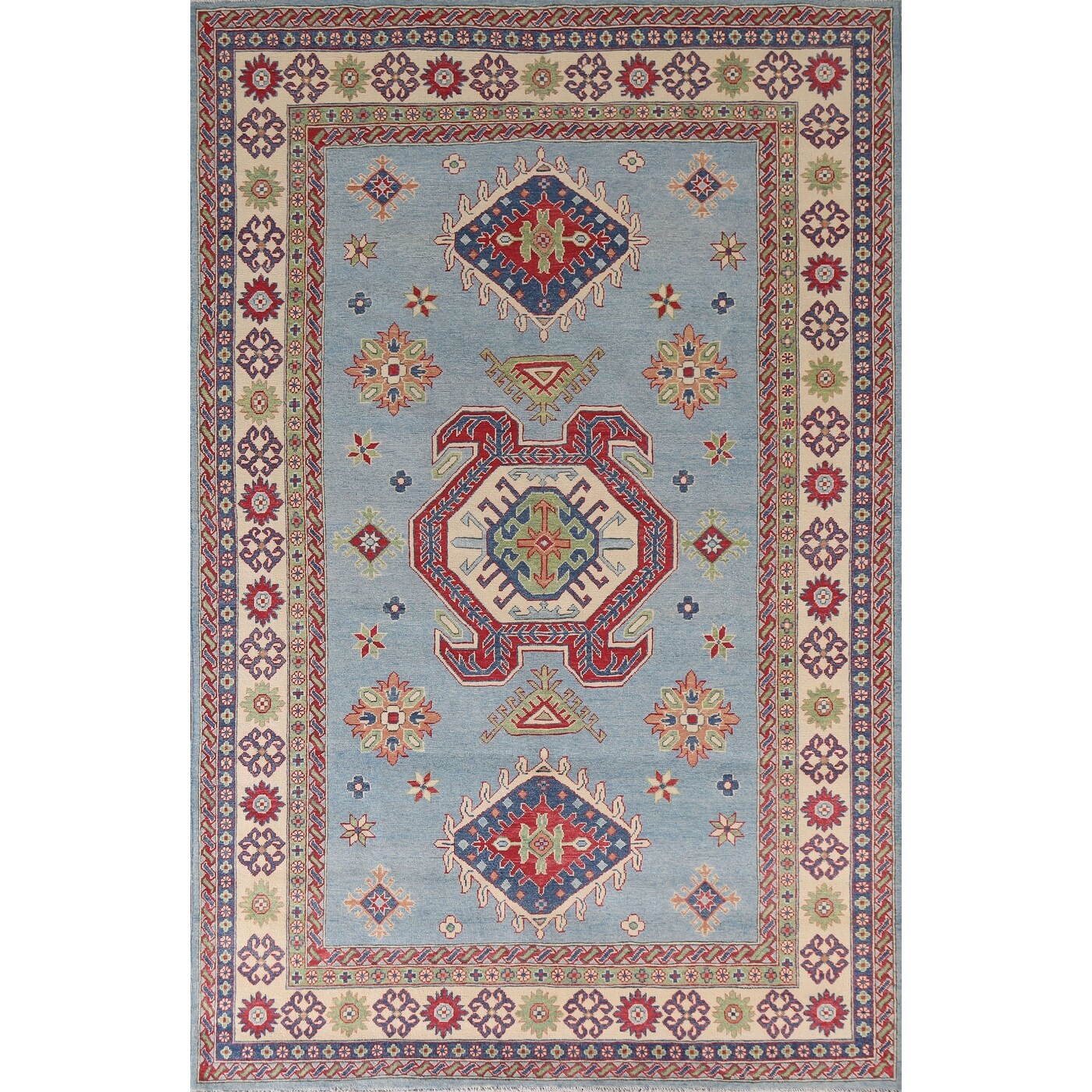 Hand Knotted Oriental 100% Wool Carpet Traditional Geometric Navy Blue & Blues Kazak Area Rug - 10' 0'' X 6' 9''