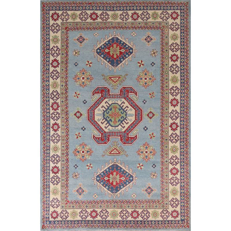 Hand Knotted Oriental 100% Wool Carpet Traditional Geometric Navy Blue & Blues Kazak Area Rug - 10' 0'' X 6' 9''