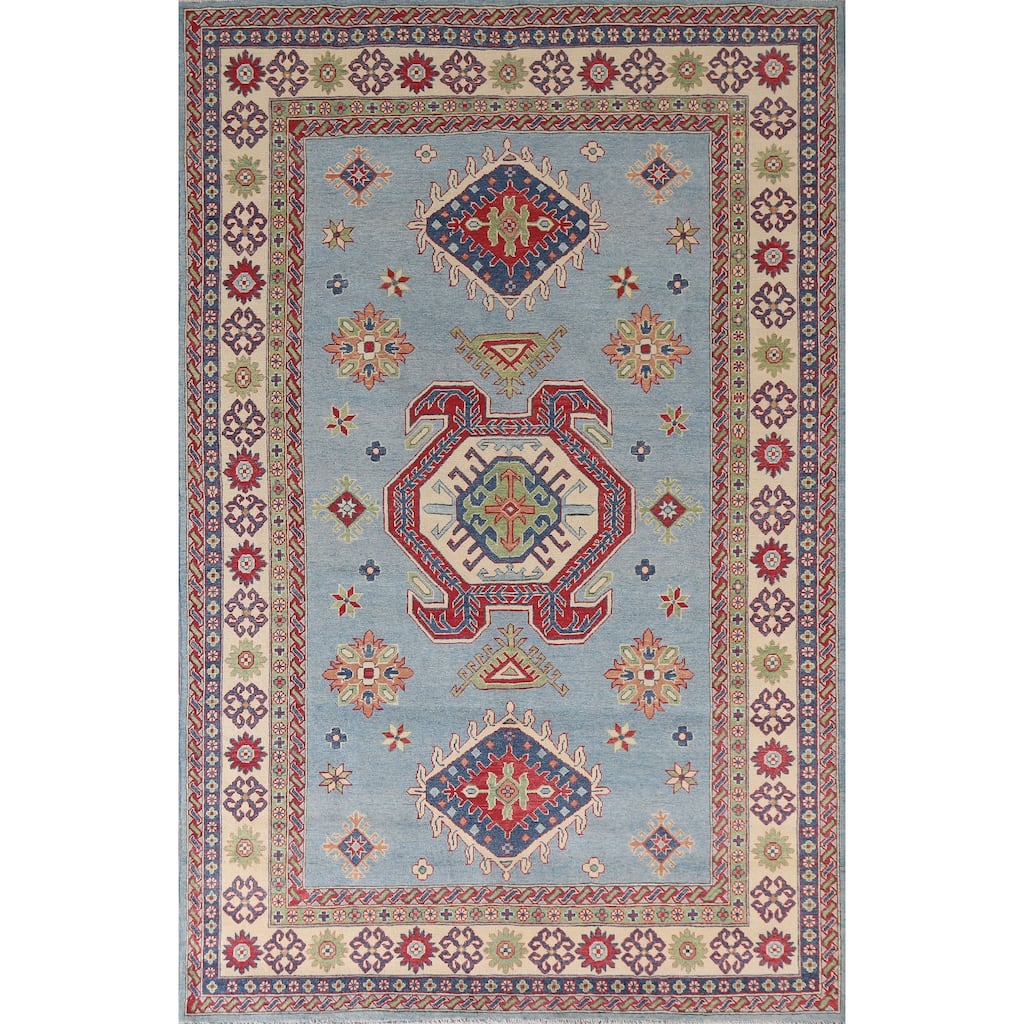 Hand Knotted Oriental 100% Wool Carpet Traditional Geometric Navy Blue & Blues Kazak Area Rug - 10' 0'' X 6' 9''