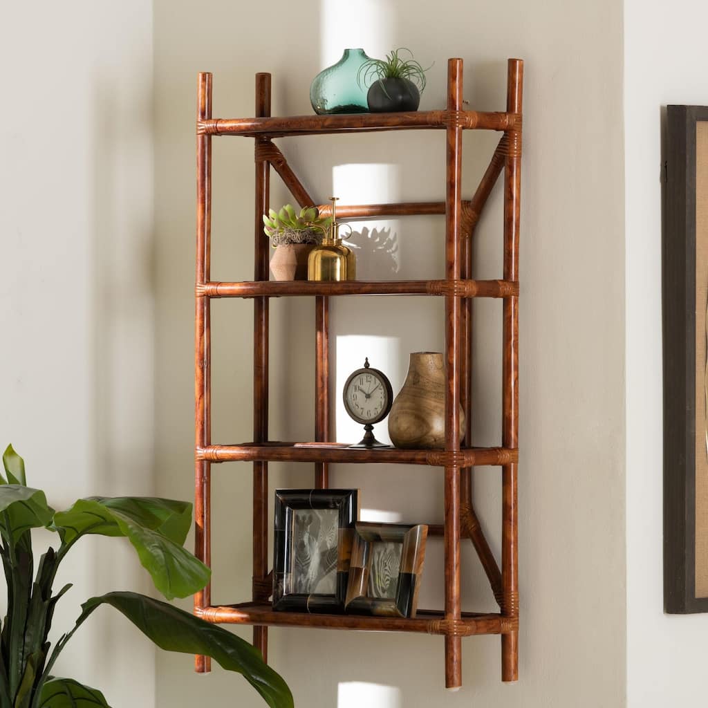 Basile Marbled Tortoise Rattan 4-Tier Wall Display Shelf - Decorative Floating Wicker Storage Organizer for Living Room
