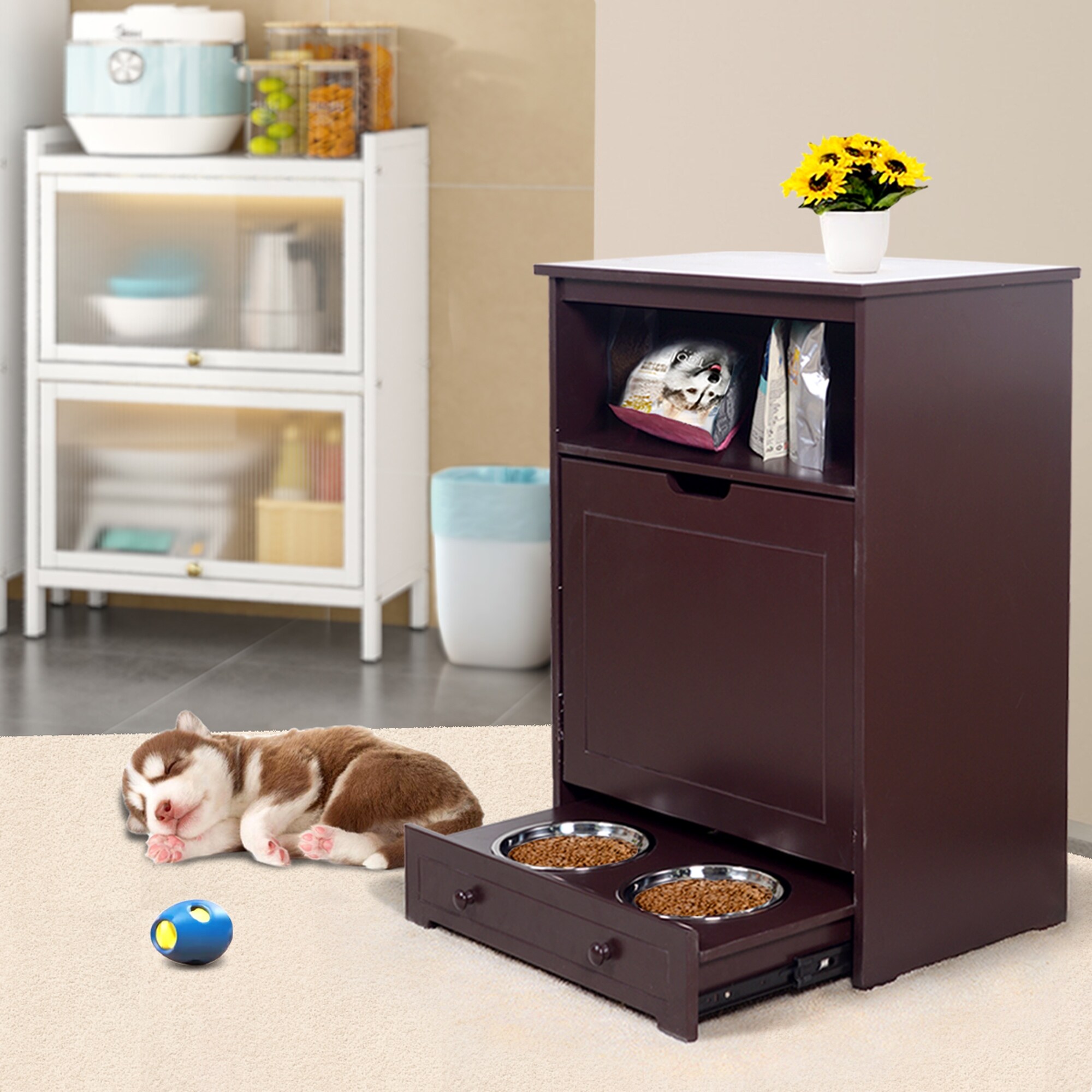 Rocky Dog Food Storage Containers Cabinet with Integrated Pet Feeding  Station Furniture for Dogs and Cats