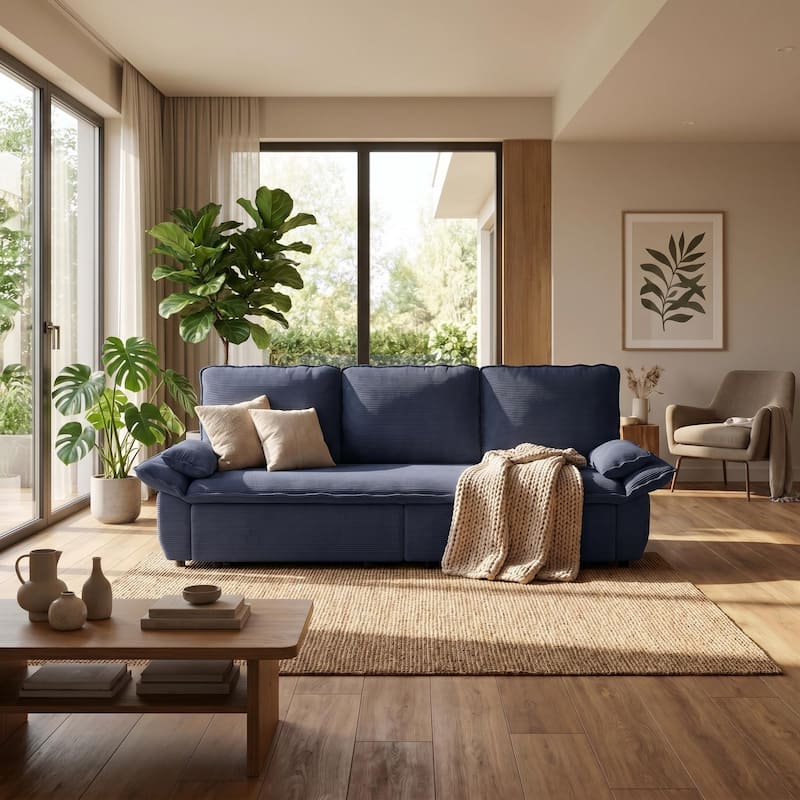 Homy Casa 73.2''/94.5" Queen/King Pull Out Sofa Bed, 3-in-1 Corduroy/Velvet Sleeper Couch - King Corduroy Blue
