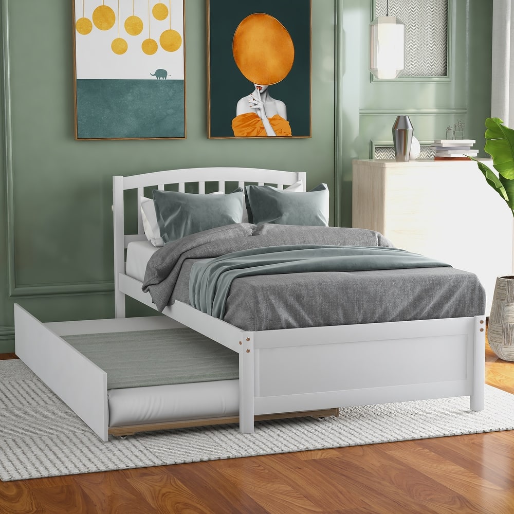 Wooden Platform Bed Frame w/ Trundle and Headboard,Twin Size