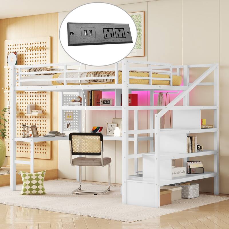Full Size Metal Loft Bed with LED Lights, Desk, Staircase, and Wardrobe for Kids, White