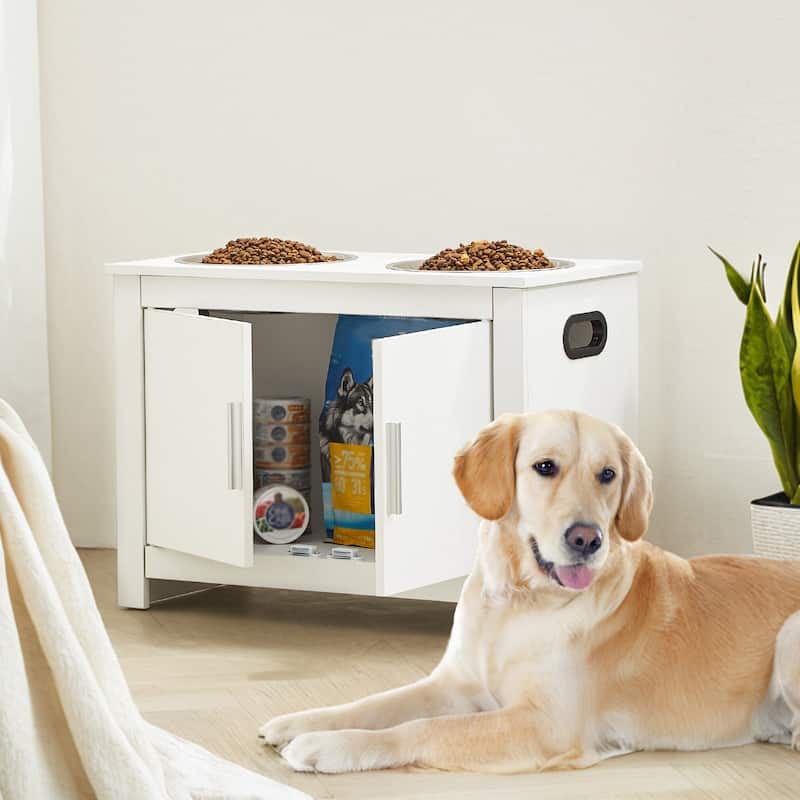 White MDF Pet Feeding Station with 2 Elevated Dog Bowls and Toy Storage Cabinet - 23.62 x 11.81 x 17.32 inch