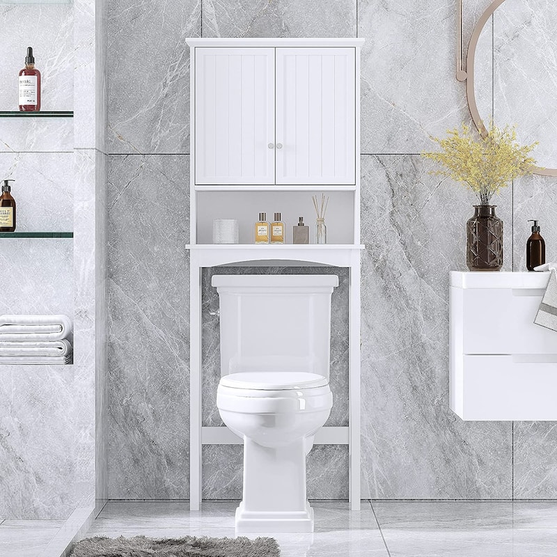 Spirich Bathroom Storage Over The Toilet, Bathroom Cabinet Organizer with Adjustable Shelves and Double Doors, White