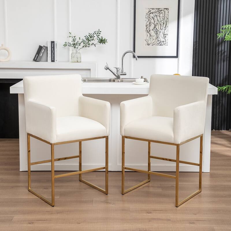 SEYNAR Mid Century Modern Velvet Accent Armrest 27-inch Tall Bar Stool Set of 2 with Metal Frame - Beige