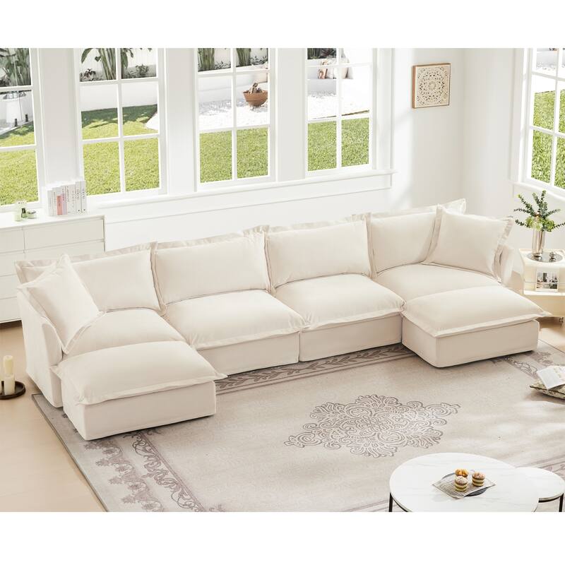 Wide & Deep 4- Seat Slipcovered U-Shape Chenille Sectional Sofa Couch