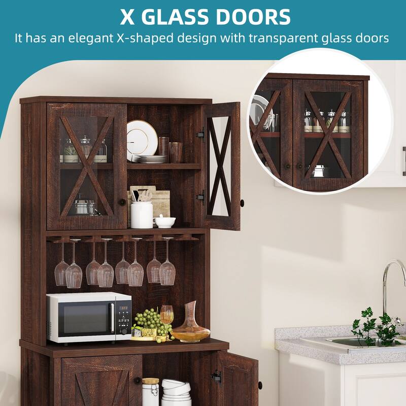 Moasis Coffee Bar Cabinet Kitchen Storage Cabinet with 2 Glass Doors & Wine Racks