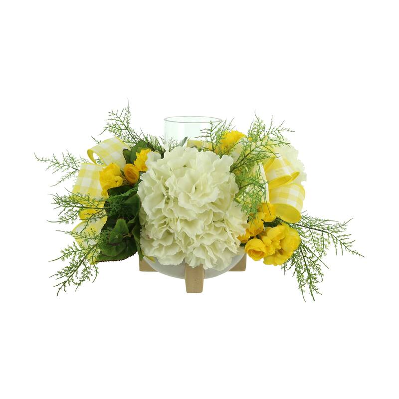Hydrangea and Begonia Spring Candleholder with Ceramic Vase
