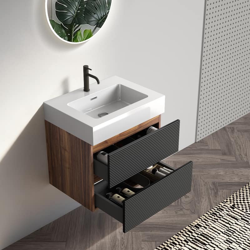 24" Bathroom Vanity with Engineered Quartz Sink and Soft Black Drawers, Wall Mounted Floating Bathroom Vanity