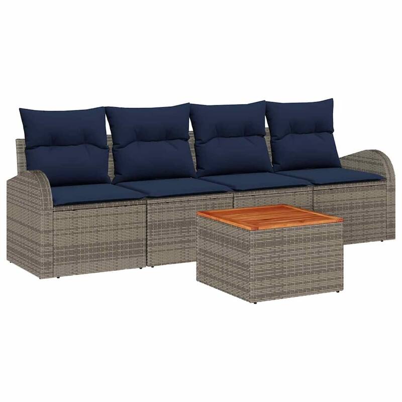 vidaXL 5 Garden Sofa Set with Cushions Black/Grey Poly Rattan - 92.1 x 24.4 x 27.2