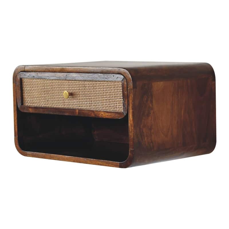 Artisan Furniture Solid Wood Chestnut Wall Mounted Open Woven Bedside, Brown with One Shelf and One Drawer