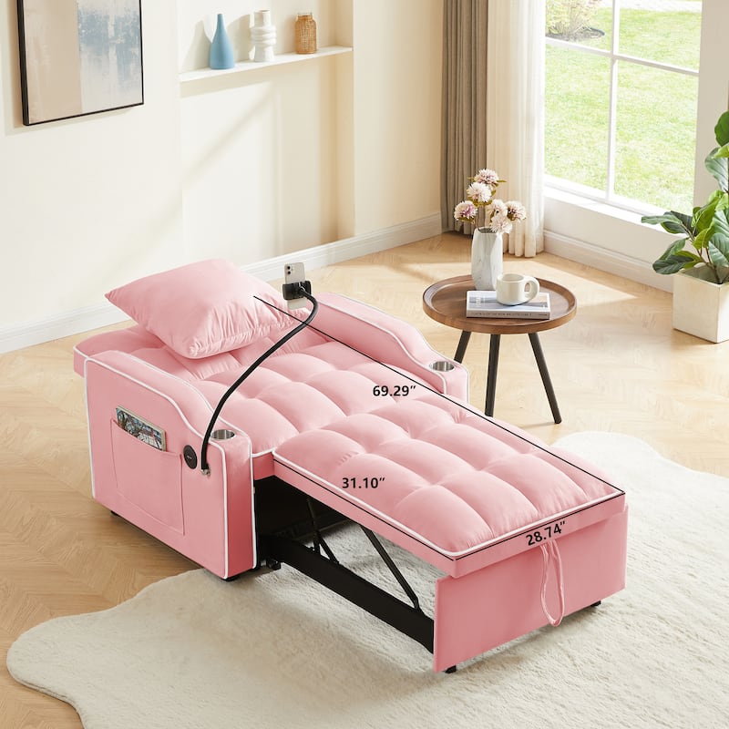 Single Sofa Armchair 3-in-1 Pull Out Sleeper Sofa Bed Velvet Chaise Lounge with USB, Phone Stand, Cup Holders and Side Pockets