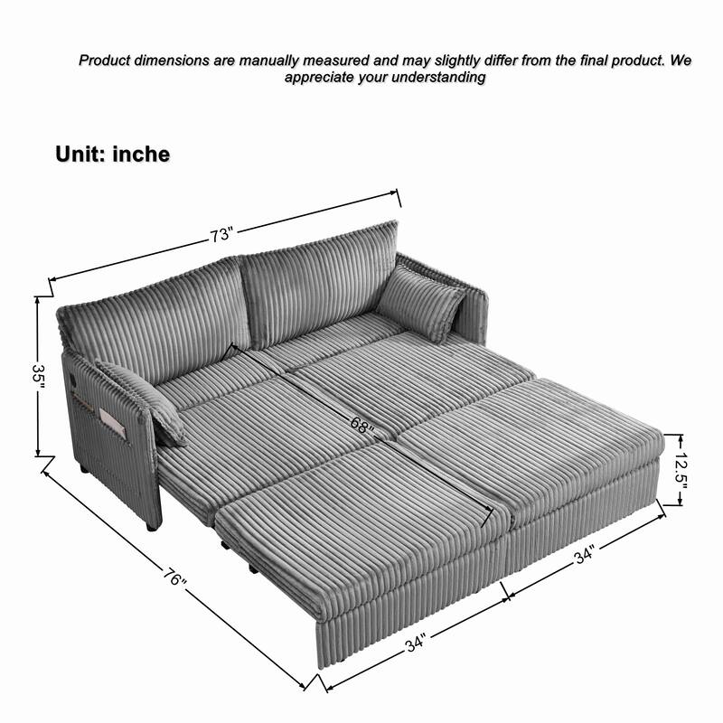 Roomfitters 73" Modern Corduroy Sofa Bed with Pull-out Sleeper Design, Modular Daybed with Storage Pocket & Pillows