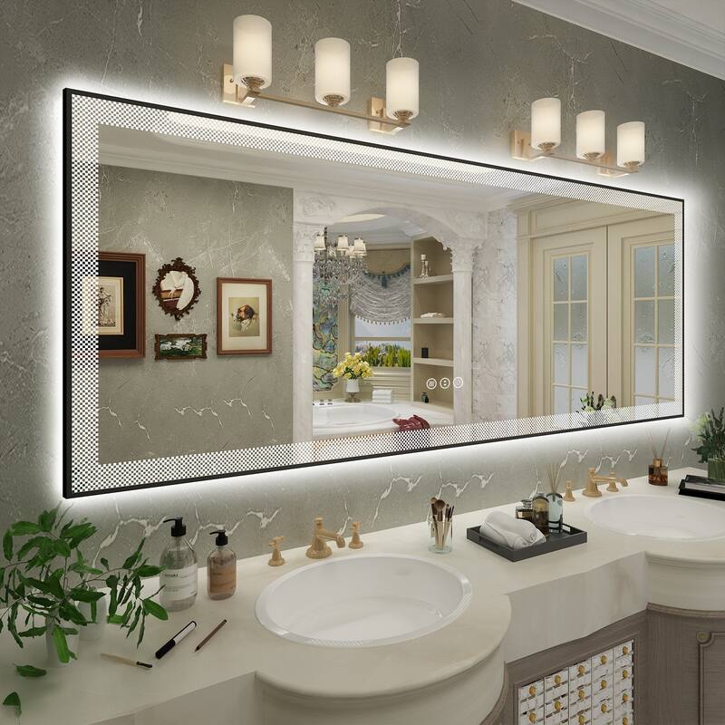 KIOTEE Metal Frame Frontlit & Backlit Anti-Fog Tempered Glass Bathroom Vanity Mirror Wall Mirror with ETL and 3-Year Warranty - 84x32