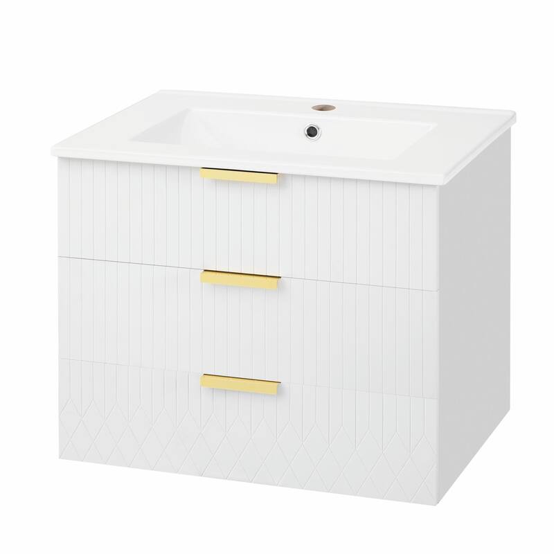 24-inch Wall-Mounted Floating Cabinet with Double Drawer, Rectangular Vanity Sink