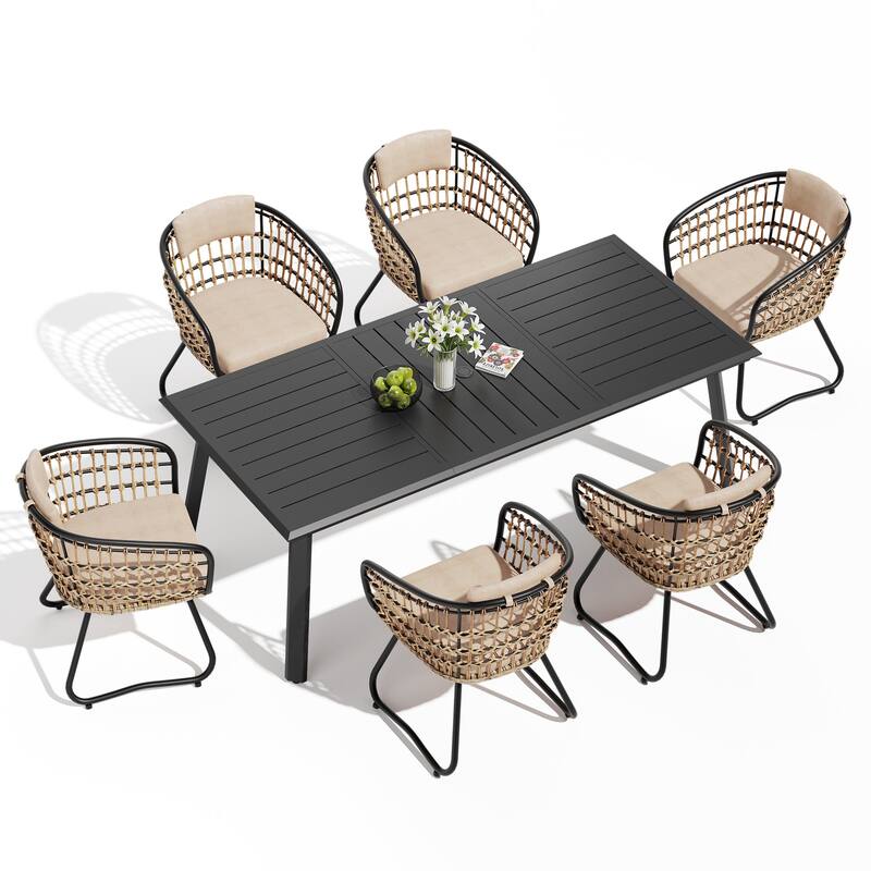 7/9/11-Piece Set Outdoor Aluminum Dining Table with Umbrella Hole and PE Rattan Chairs