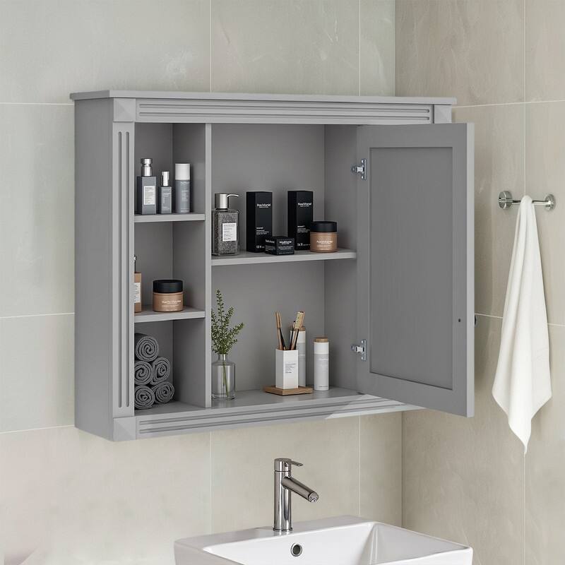 35" x 28" Wall-Mounted Medicine Cabinet, Modern Bathroom Mirror Storage Cabinet with 6 Open Shelves