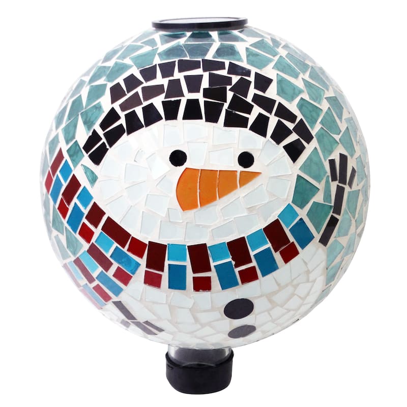 Solar Snowman Mosaic Glass Globe with Foldable Metal Stand - Multi - 12"H