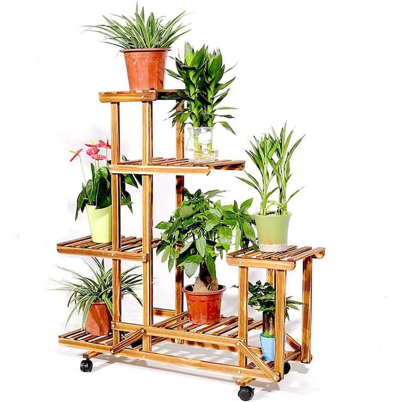 6 Tiered Wooden Plant Stand with Wheels Flowers Shelf Rolling Storage Rack