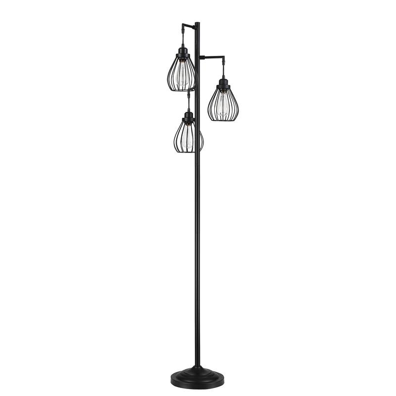 69 in. 3-Light Tree Floor Lamp with Matte Black Finish and Hanging Steel Cage Shade