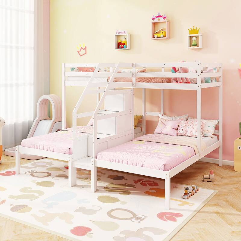 Gymax Wooden Twin Over Twin & Twin Bunk Bed w/ 4-Step Storage