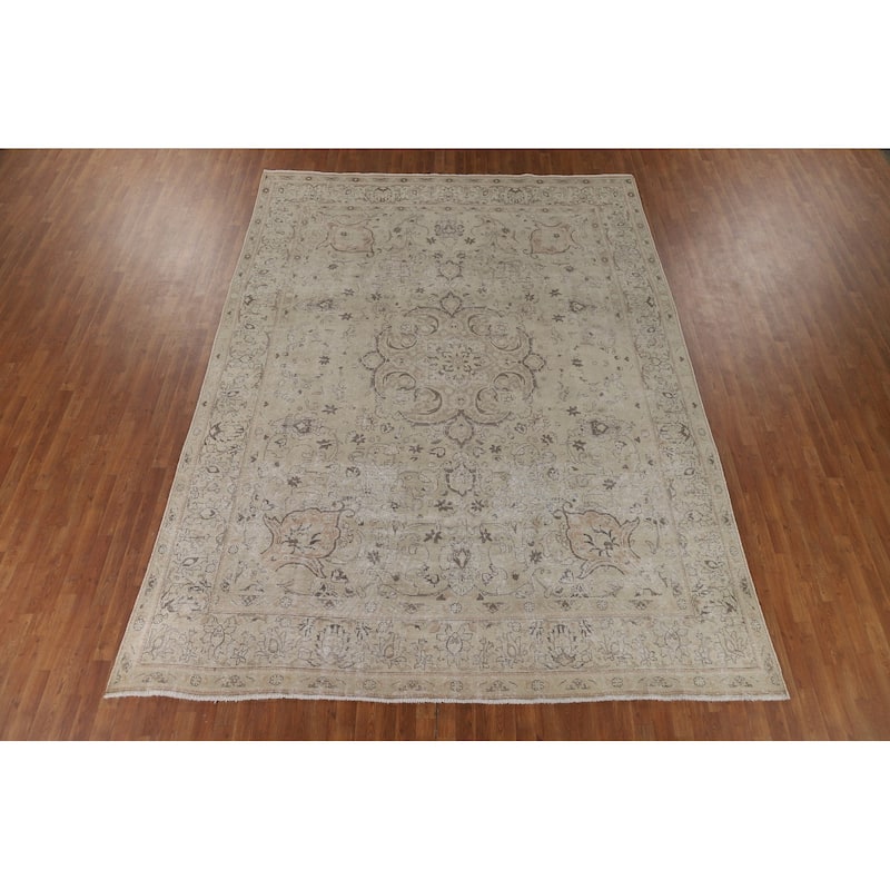 Distressed Muted Tabriz Vintage Persian Area Rug Handmade Wool Carpet - 9'4" x 12'5"