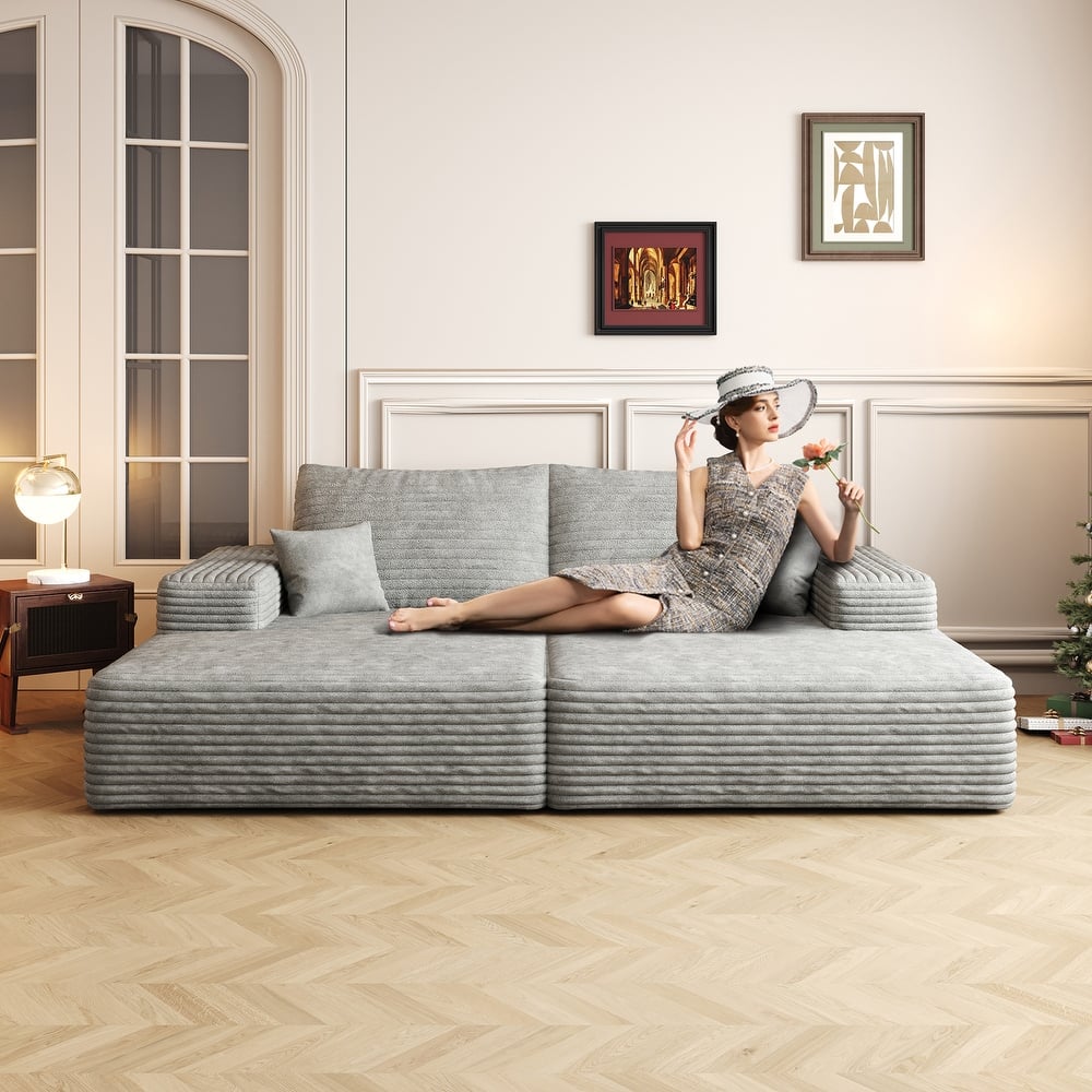 Floor Standing Modular Sleeper Sofa Bed Corduroy Double Chaise Lounger