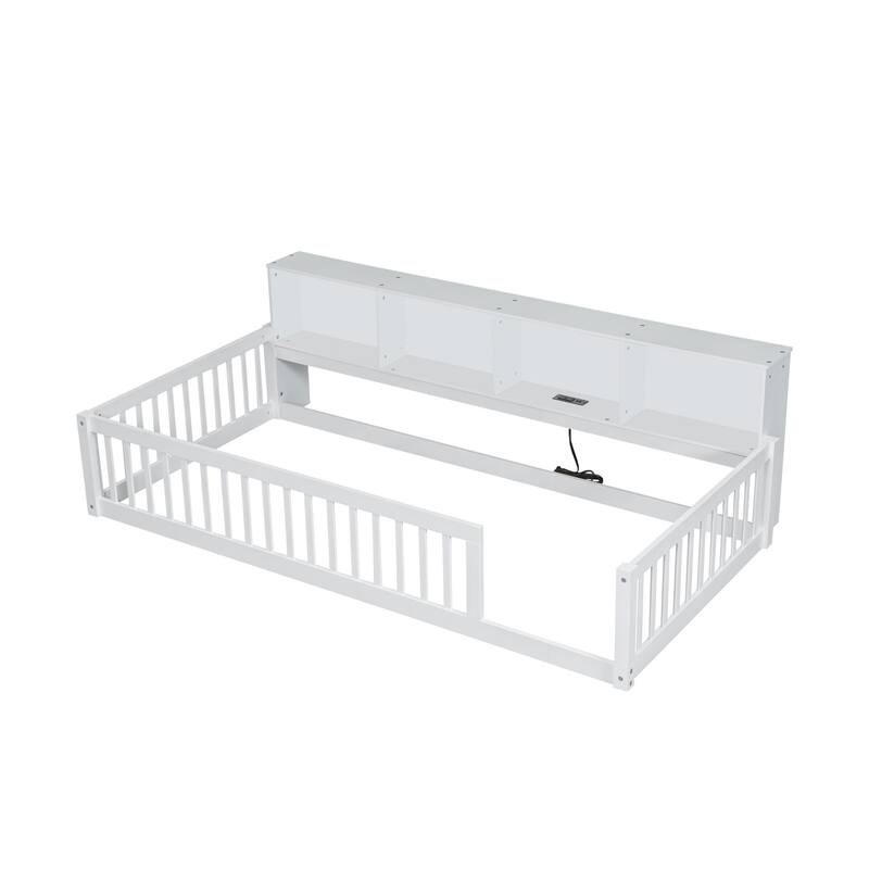 Twin XL Size Floor Bed with Built-in Storage Cabinets, USB Ports, and Charging Station, Perfect for Kids and Small Rooms