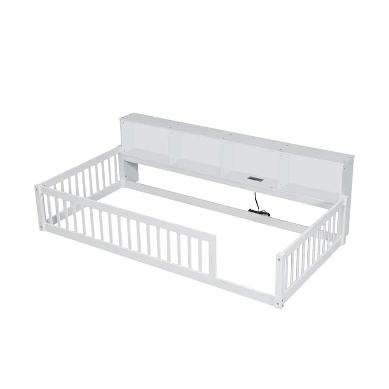 Wood Twin XL Size Floor Bed with Storage Cabinets and USB Ports