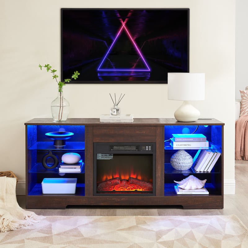 TV Stand Electric Fireplace with Glass Shelves - Espresso