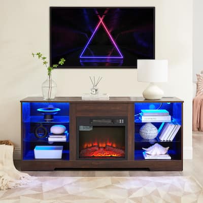 Wood Fireplace TV Console Stand w/ Glass Shelves & USB Charging Outlet