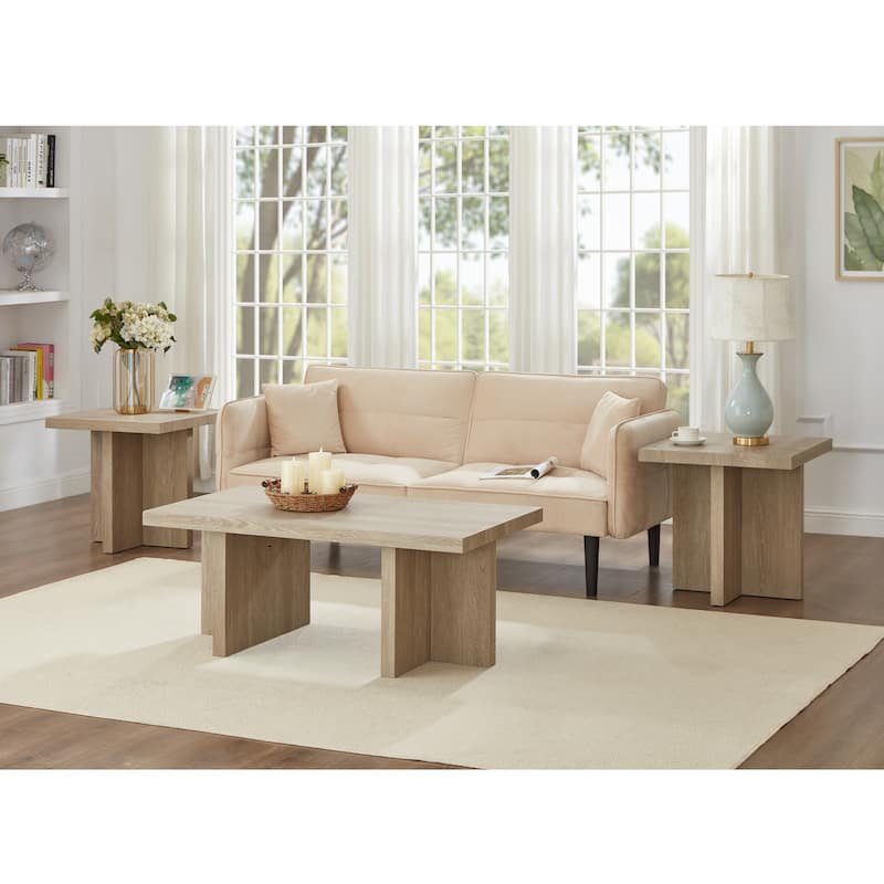 Roundhill Furniture Mchome 3-Piece Coffee Table Set, Coffee Table and Two End Tables - Oak Finish