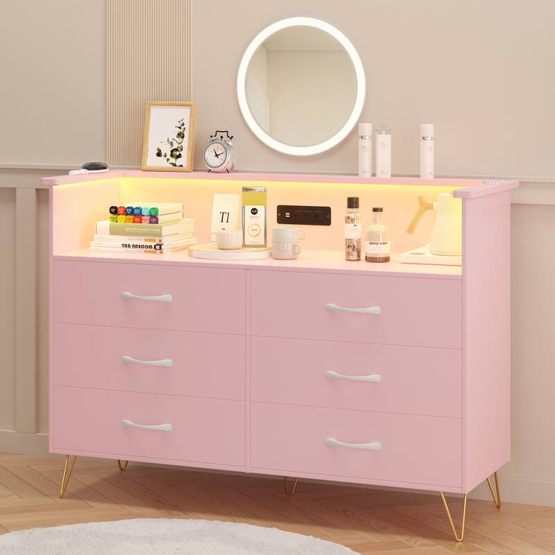 6 Wooden Drawers Dressers with Led Light & Charging Station