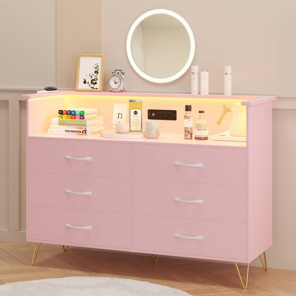 6 Wooden Drawers Dressers with Led Light & Charging Station