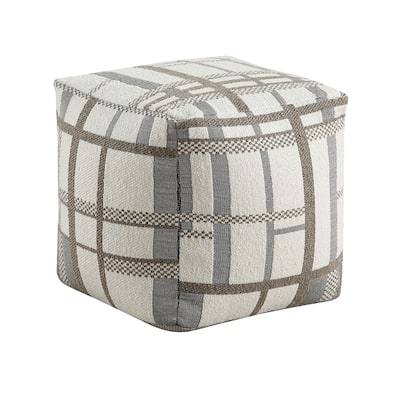 Modern Pouf Ottoman, Beige Gray Chunky Plaid Jacquard, 16 Inch Square