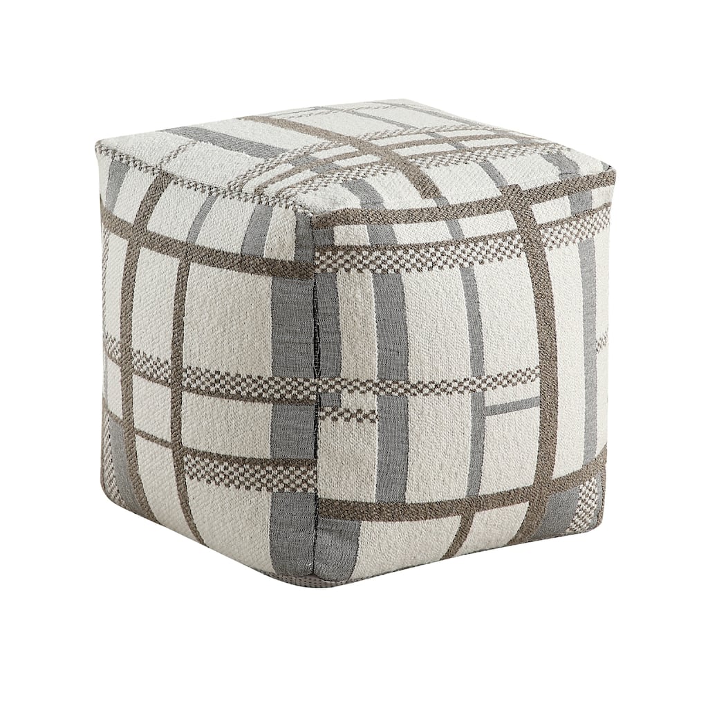 Modern Pouf Ottoman, Beige Gray Chunky Plaid Jacquard, 16 Inch Square