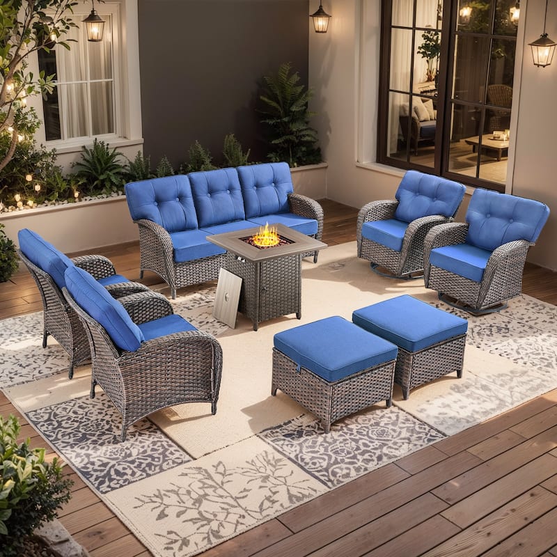 Pocassy 8 Piece Ooutdoor Fire Pit Table with Sofa Set - Brown Wicker & Blue cushion