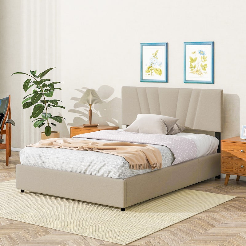 Beige Full Upholstered Platform Bed with Hydraulic Lift Storage and Tufted Headboard - Ideal for All Ages