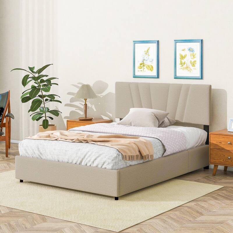 Beige Queen Upholstered Platform Bed with Lifting Storage and Tufted
