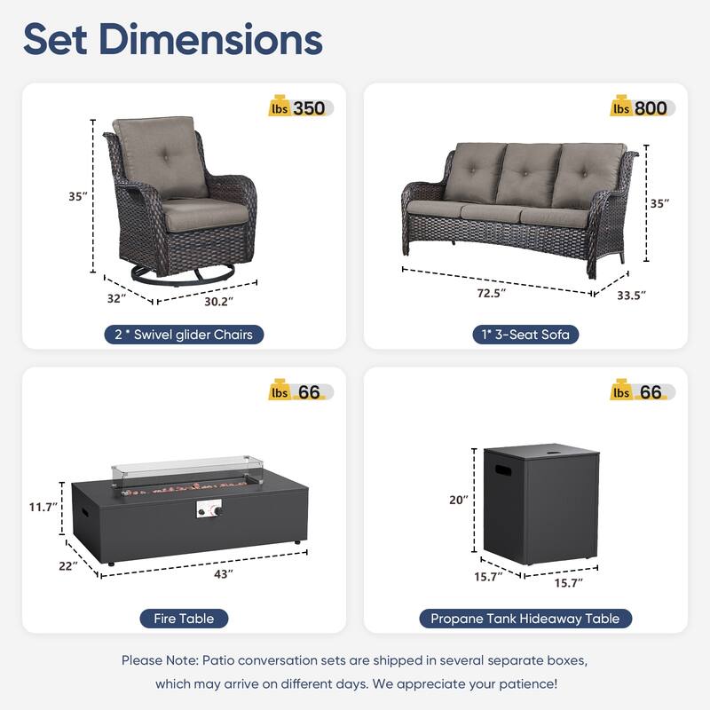 Pocassy Outdoor 5 Pieces Sofa Swivel Chair with Fire Pit Table