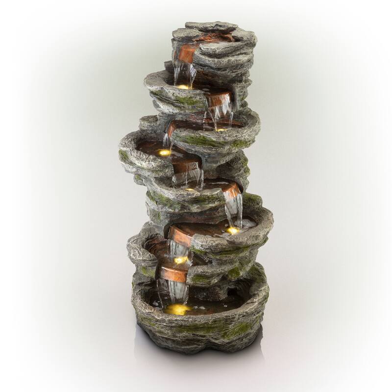 Alpine Corporation WIN1146 58" Gray Outdoor Floor 8 Tier Rock Water Fountain with LED Lights