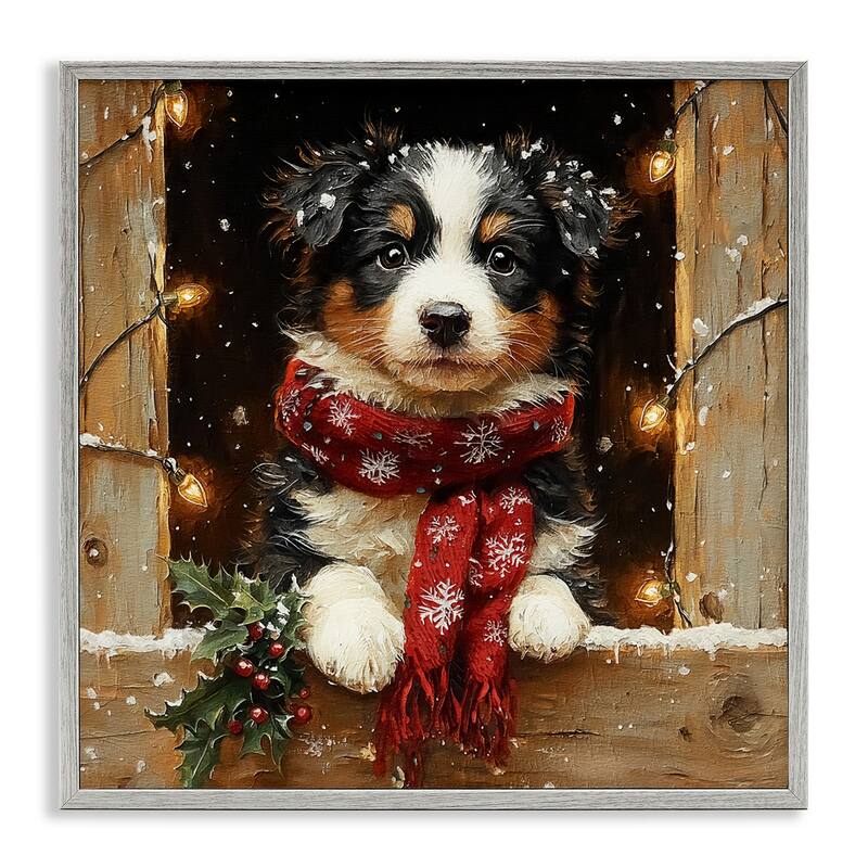 Stupell Snowy Christmas Lights Puppy Framed Giclee Art Design By Riley B - 17 x 17 - Grey