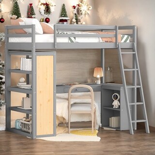 Multi-Functional Twin Size Loft Bed with Ladder, Shelves and Desk, Space-saving, Health and Comfort, Sturdy Construction, Grey