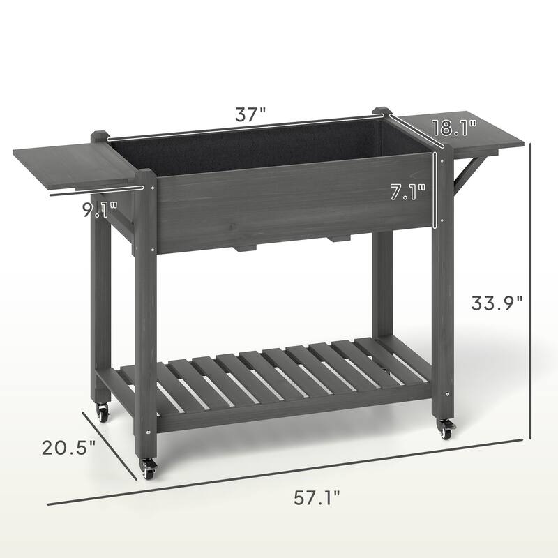 Raised Garden Bed with Storage Shelf and Foldable Ledges Fir Wood Planter for Indoor Outdoor Gardening